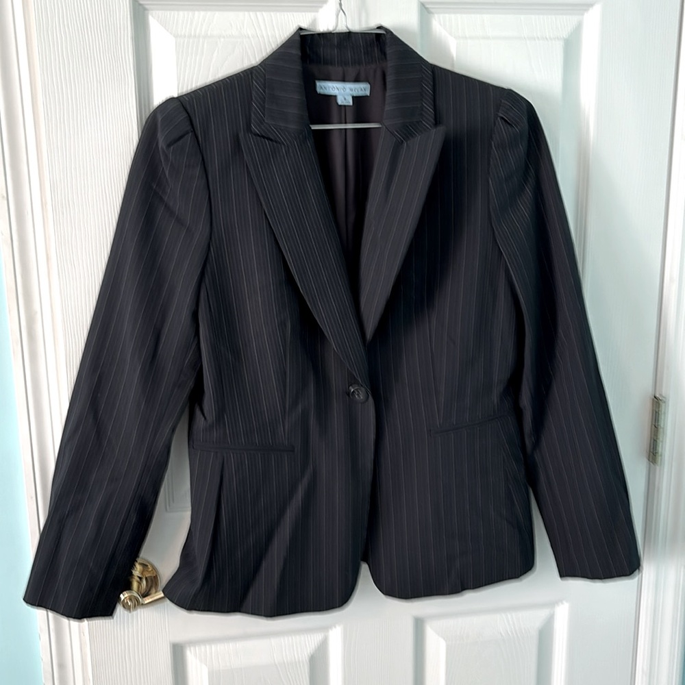 Antonio Melani skirt suit.  Navy pinstripe.  Jacket size 8. Skirt 2.